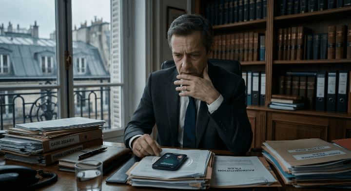 Un avocat stressé regarde un smartphone qui sonne dans son bureau à Paris, symbolisant le coût caché des interruptions.