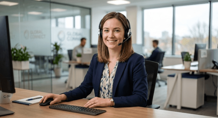 Une télésecrétaire professionnelle de Smilycall répond au téléphone avec le sourire, offrant une solution de gestion des appels.