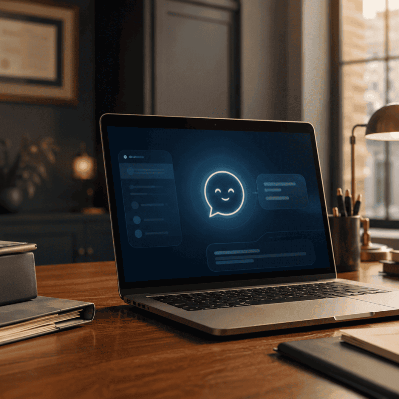 softly lit law office setting, a wooden desk with a laptop displaying an abstract, friendly AI assistant interface