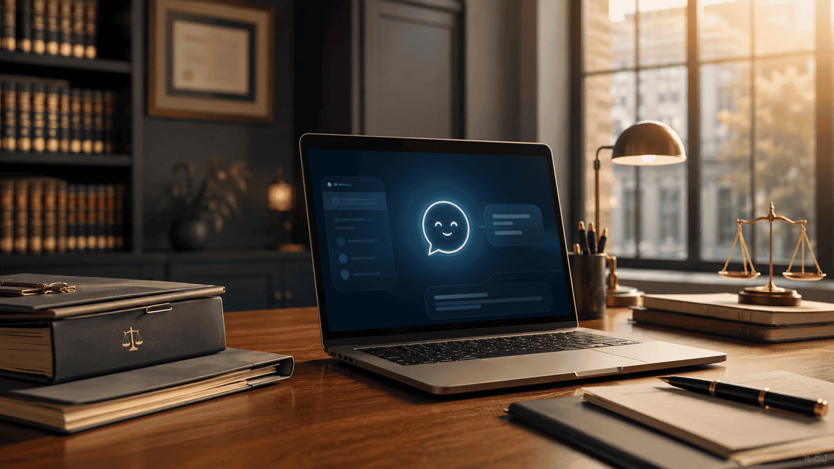 softly lit law office setting, a wooden desk with a laptop displaying an abstract, friendly AI assistant interface
