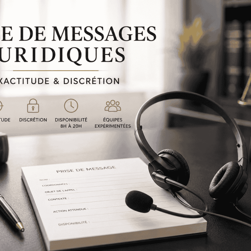 Prise de messages juridiques par télésecrétariat, illustrée par un casque téléphonique, une fiche de prise de message, des livres de droit et une balance de justice.