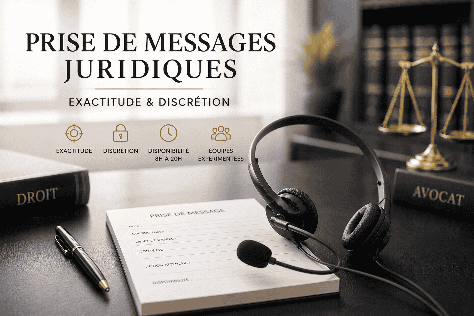 Prise de messages juridiques par télésecrétariat, illustrée par un casque téléphonique, une fiche de prise de message, des livres de droit et une balance de justice.