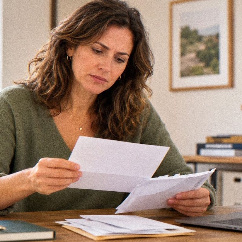 a small business owner opening postal mail at a tidy home office desk, a slightly concerned but composed expression