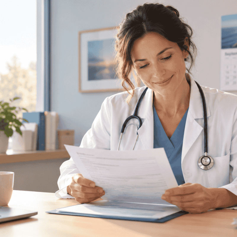 female doctor in a bright modern medical office, sitting at her desk reviewing a paper medical certificate (arrêt de travail) with a calm, reassuring expression