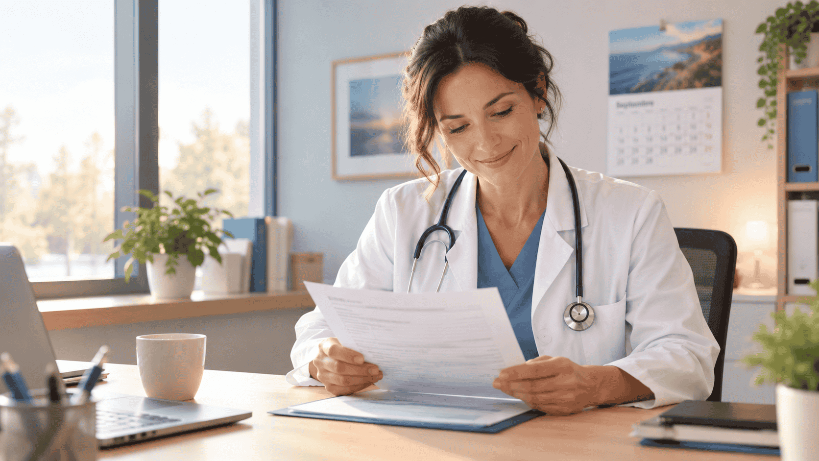 female doctor in a bright modern medical office, sitting at her desk reviewing a paper medical certificate (arrêt de travail) with a calm, reassuring expression